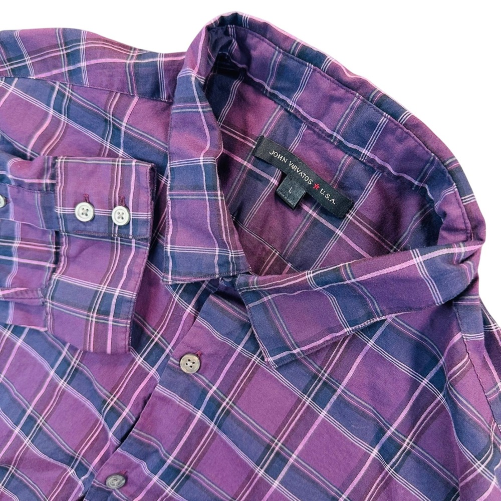 John Varvatos USA Men's L Purple Plaid Long Sleeve Cotton Button Up Shirt Casual